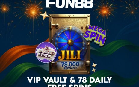 Fun88 VIP Vault with JILI Slot Spins, Operation Aviator, and 78,000 rewards against a festive Indian Independence Day theme